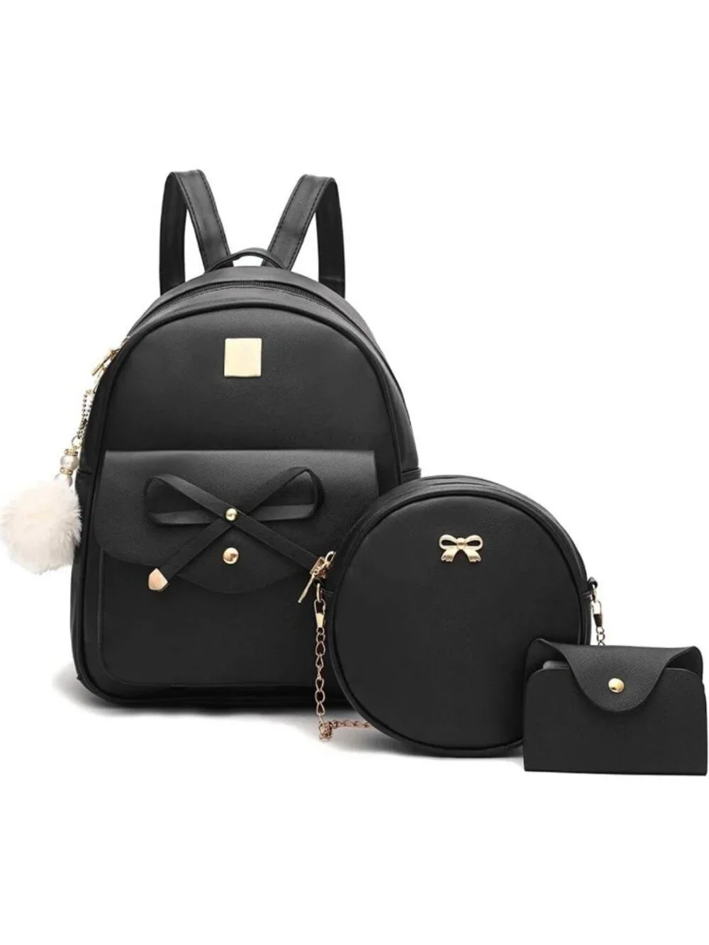 Trendy Girls 3-Piece Bowknot Leather Backpack Purse & Rucksack Shoulder Bag
